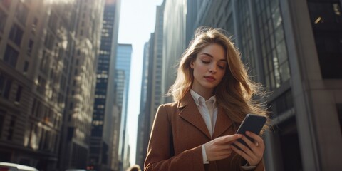 Fototapeta premium Busy City Life: A Woman Checking Her Phone