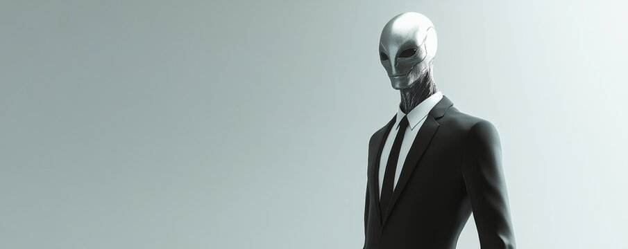 Futuristic metallic alien businessman confidently poses against a light blue background, exuding success and power in a sleek suit and tie, blending advanced technology with corporate leadership