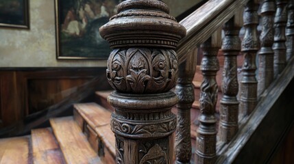 3D rendering of an old staircase featuring a close up view of a wooden carved pole