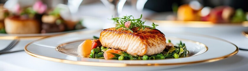 Exquisite multi-course wedding cuisine served on gold-trimmed plates, beautifully presented gourmet food at a high-end wedding reception