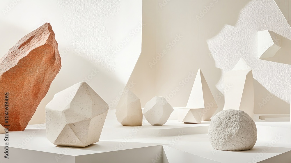 Poster panoramic view of geometric forms set against an abstract white backdrop