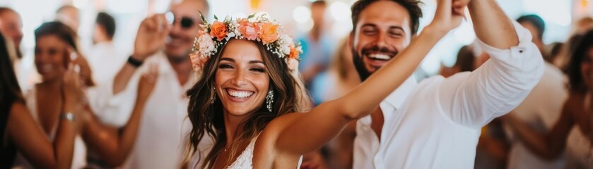 Guests joining the couple on the dance floor, lively wedding reception with upbeat music, joyful and energetic celebration