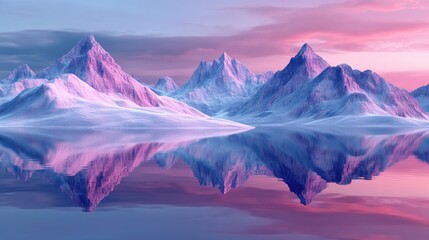3D illustration of a serene landscape featuring peaks and mountains reflected in calm waters with a surrealist theme