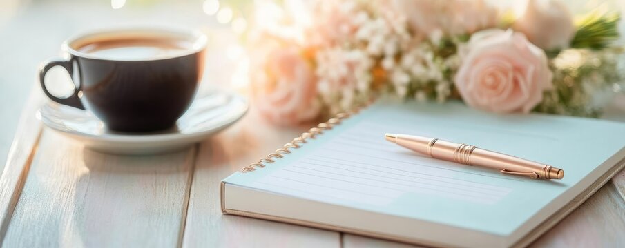 Wedding checklist notebook with a cup of coffee and elegant pen, organized bride planning the perfect wedding, minimal and stylish setup