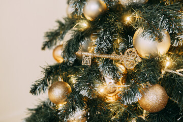 Christmas balls in close-up on the Christmas tree. Decorations for Christmas trees. The concept of celebrating New Year and Christmas