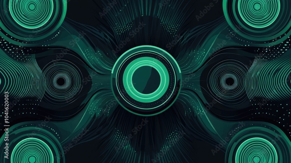Poster psychedelic geometric shapes kaleidoscope green tremor mirror effect green waves on dark background 