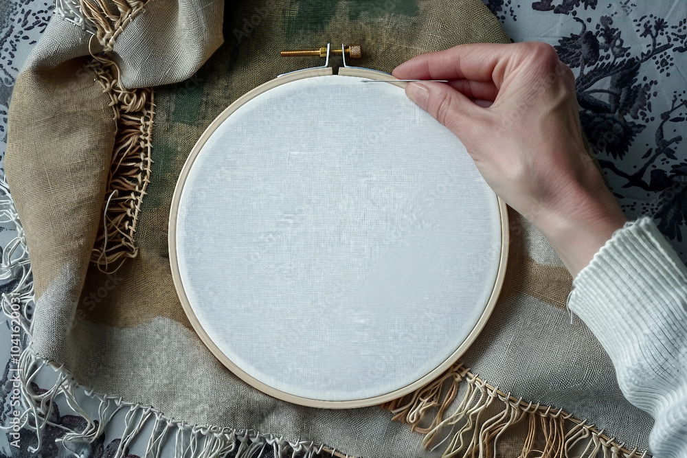 Poster embroidery in a cozy nook with a hoop threads and patterns generative ai image