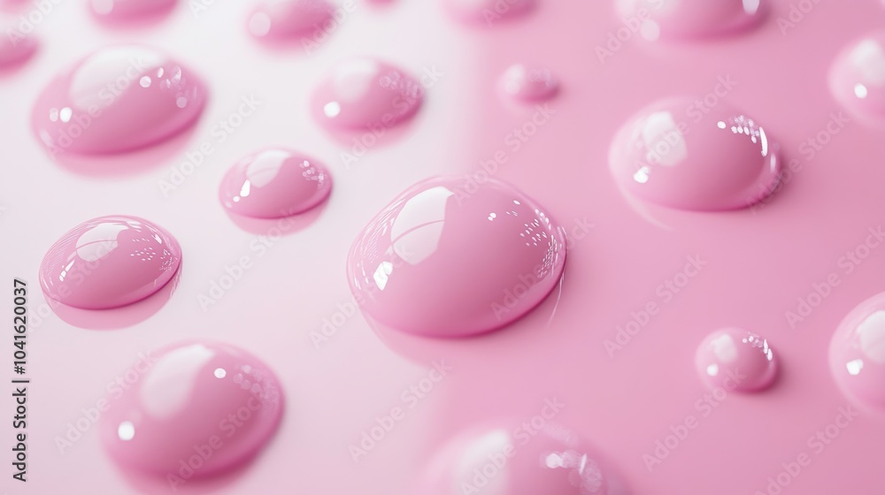 Poster multiple pink water drops are sitting on a pink surface, creating a visually appealing pattern. the 