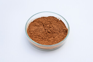 Cinnamon powder in a petri dish, white background
