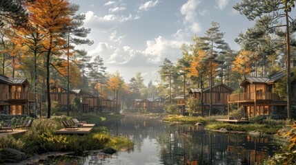 Fototapeta premium Tranquil lakeside cabins surrounded by vibrant autumn foliage in a serene forest setting. Generative AI