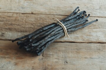 Bundle of Vanilla Pods on Wooden Table