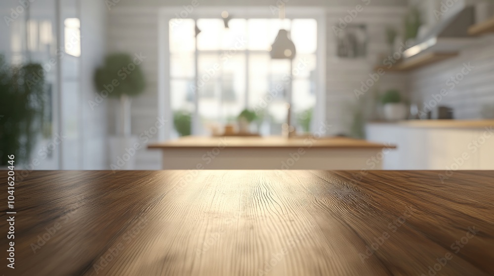 Poster 3d rendering of a kitchen table background with a wood countertop featuring a blurred white abstract