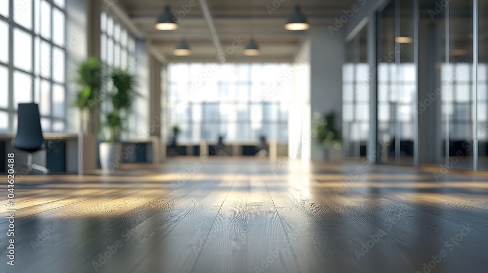 Poster 3d rendering of a blurred office background featuring a modern business hall with light reflections 