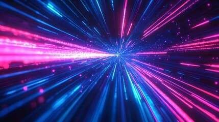 Fototapeta premium Neon-bright linear patterns streak through a dark blue backdrop, creating an illusion of rapid movement and motion blur. This futuristic illustration embodies the energy of cyberspace