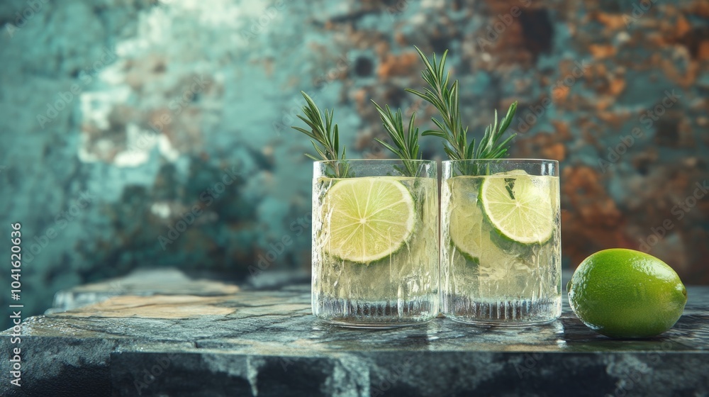 Poster 3d rendering of a detox beverage featuring fresh lime and rosemary on a rustic background