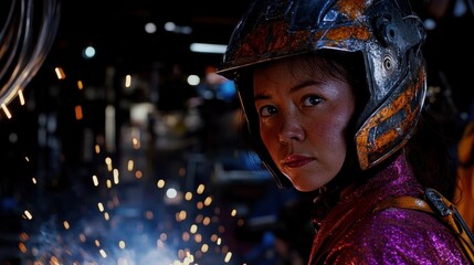 Obraz premium Female welder in a helmet sparks flying as she works on metal components in a workshop.