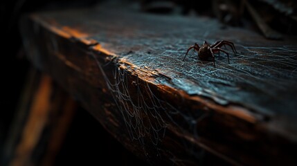 A spider sits on a wooden surface with a web.
