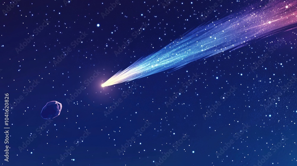 Poster 3d cartoon depiction of a comet asteroid and meteorite descending towards the ground amidst a star f