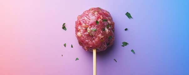 Fresh, raw meatball on a stick with herbs, ready to grill or cook, against a colorful background. Perfect for meals, with space for text