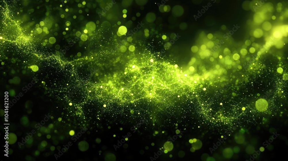 Poster abstract green sparkles on a black background in a 3d cartoon rendering fantasy fractal texture digi