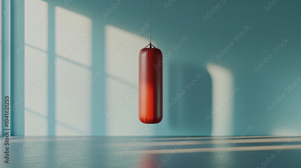 Aufkleber red punching bag hangs in the center of an empty gym. illuminated by warm sunlight streaming through