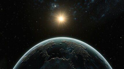 Obraz premium Panoramic view of the Earth sun stars and galaxy in a 3D cartoon rendering Sunrise above the planet from a space perspective