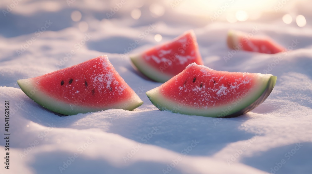 Poster several slices of watermelon with a light dusting of snow, bathed in the golden light of a setting s