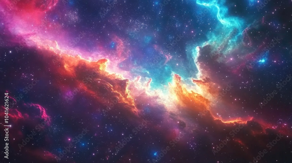 Poster colorful nebula surrounding a constellation in a 3d cartoon rendering of a star field in space with 