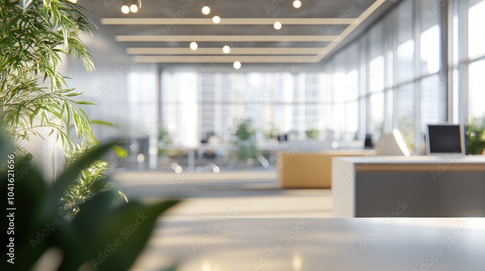 Poster 3d rendering of a blurred open office space with abstract light bokeh in the interior background
