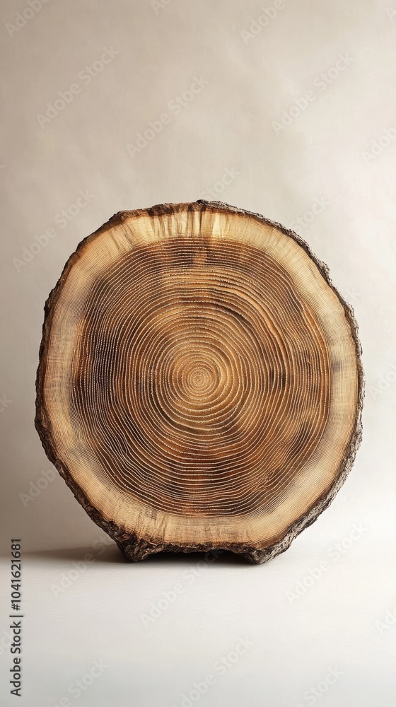 Poster cross section of a tree trunk standing on a white surface with a neutral background, showcasing the 