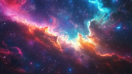 Colorful nebula surrounding a constellation in a 3D cartoon rendering of a star field in space with interstellar dust within the cosmic background