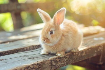 Obraz premium Adorable fluffy bunny on sunlit wooden bench