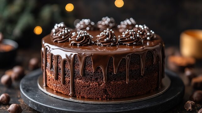 A chocolate cake with chocolate frosting and silver sprinkles.