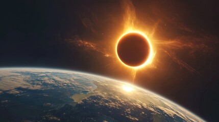 Obraz premium Cartoon rendering in 3D depicting a solar eclipse above the planet Earth