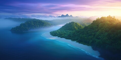 Aerial drone perspective of vibrant tropical island landscape showcasing lush greenery and scenic beauty