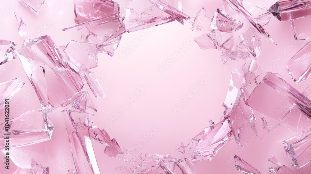 Poster pink glass is shattering, creating a circular frame with copy space on a pink background. the sharp 