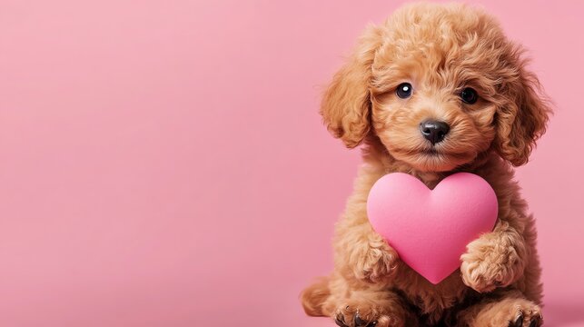A cute little puppy dog holding a pink heart, Cockapoo breed for valentines day or mothers day greeting card, pink background, copy space for text