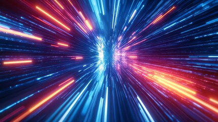 Fototapeta premium Neon-bright linear patterns streak through a dark blue backdrop, creating an illusion of rapid movement and motion blur. This futuristic illustration embodies the energy of cyberspace