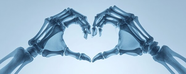 X-ray image of human hands forming heart shape, symbolizing love in healthcare. Detailed anatomy of bones and skeletal structure shown. Blue background adds serenity