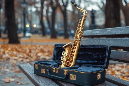 Saxophone in case on a bench. A golden saxophone with a black case rests on a wooden bench, perfect for showcasing music or instrument concepts.