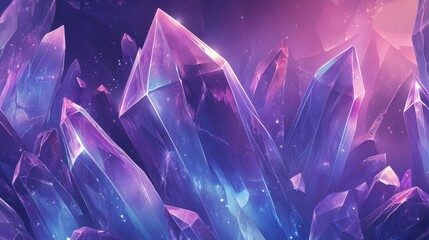 A background showcasing sharp, angular shapes inspired by crystals, with a blend of purples and blues. 
