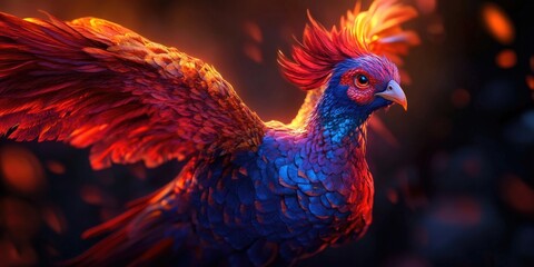 Fototapeta premium Close-up of a wild pheasant displaying vibrant red, blue, and orange feathers in a stunning natural environment, Vibrant pheasant feathers in natural setting