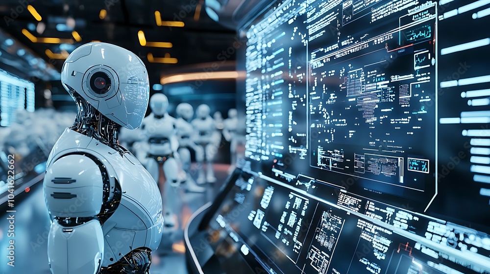 Poster Exploring a futuristic trading floor robots and holograms redefining the future of finance and technology