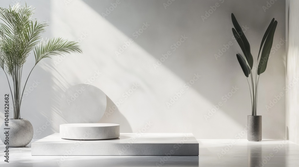 Poster 3d geometric shapes rendered in a minimal scene featuring a podium showcase display mockup case and 