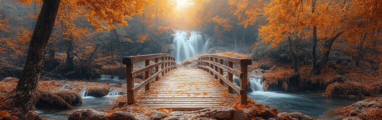 Wooden pathway through forest with autumn leaves and lakes