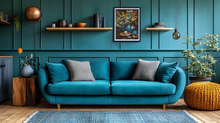 Teal Sofa in Living Room with Wood Shelves and Floor Lamp