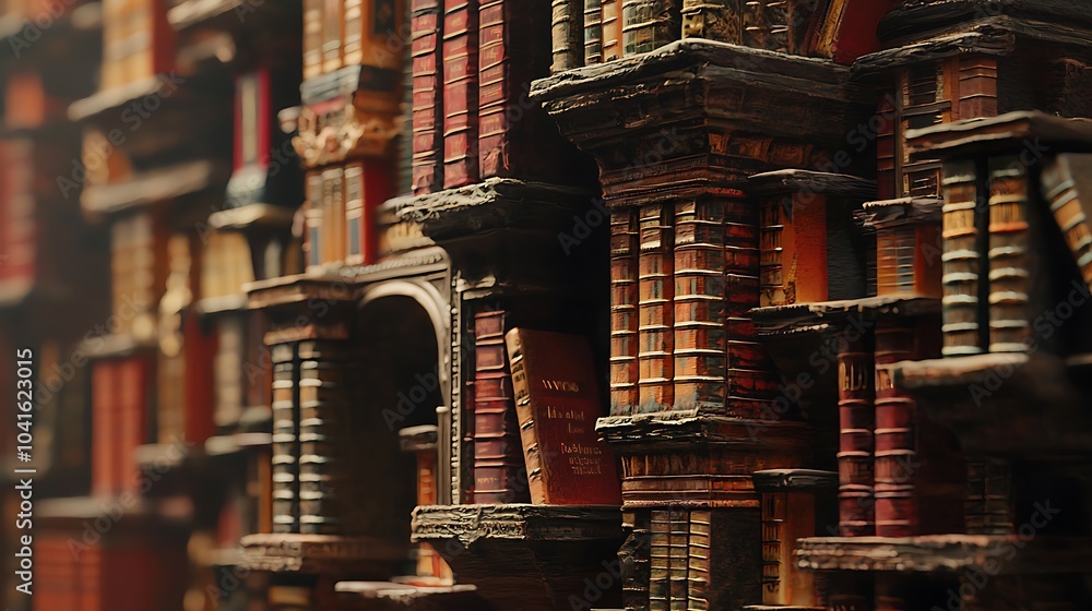 Poster A majestic library tower constructed with books as bricks showcasing the beauty of knowledge and architecture in every spine