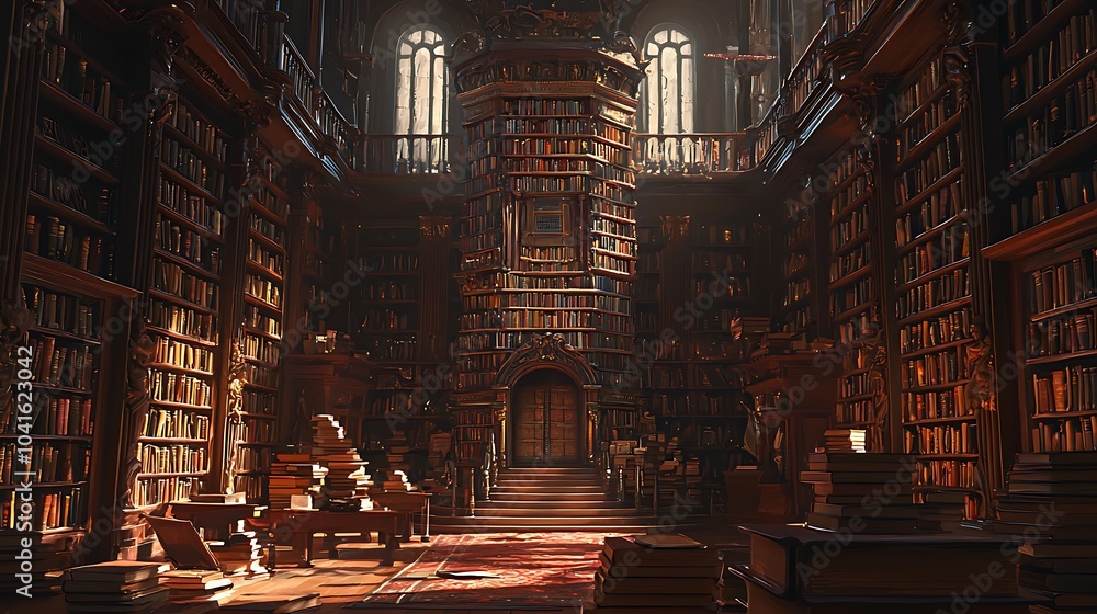 Poster An enchanting library tower built with books as bricks showcasing the beauty of literature and architecture in a captivating space