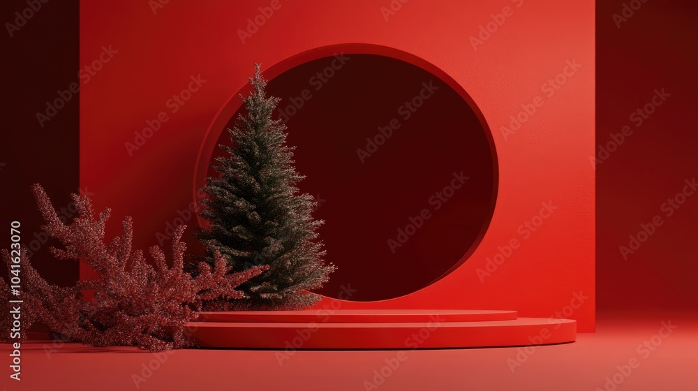 Poster circular podium and christmas tree for a festive atmosphere on a red backdrop abstract studio settin