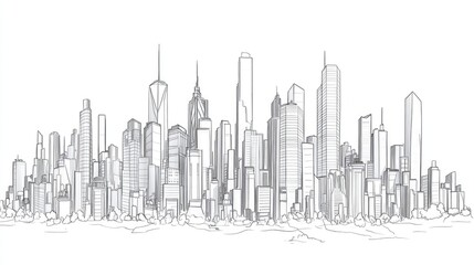 Line art illustration depicting a cityscape in a single continuous drawing on a white background
